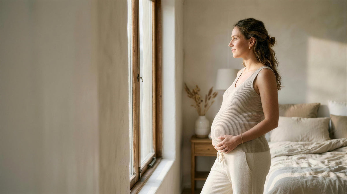 Expectant mother standing by a sunlit window, one hand resting under her bump